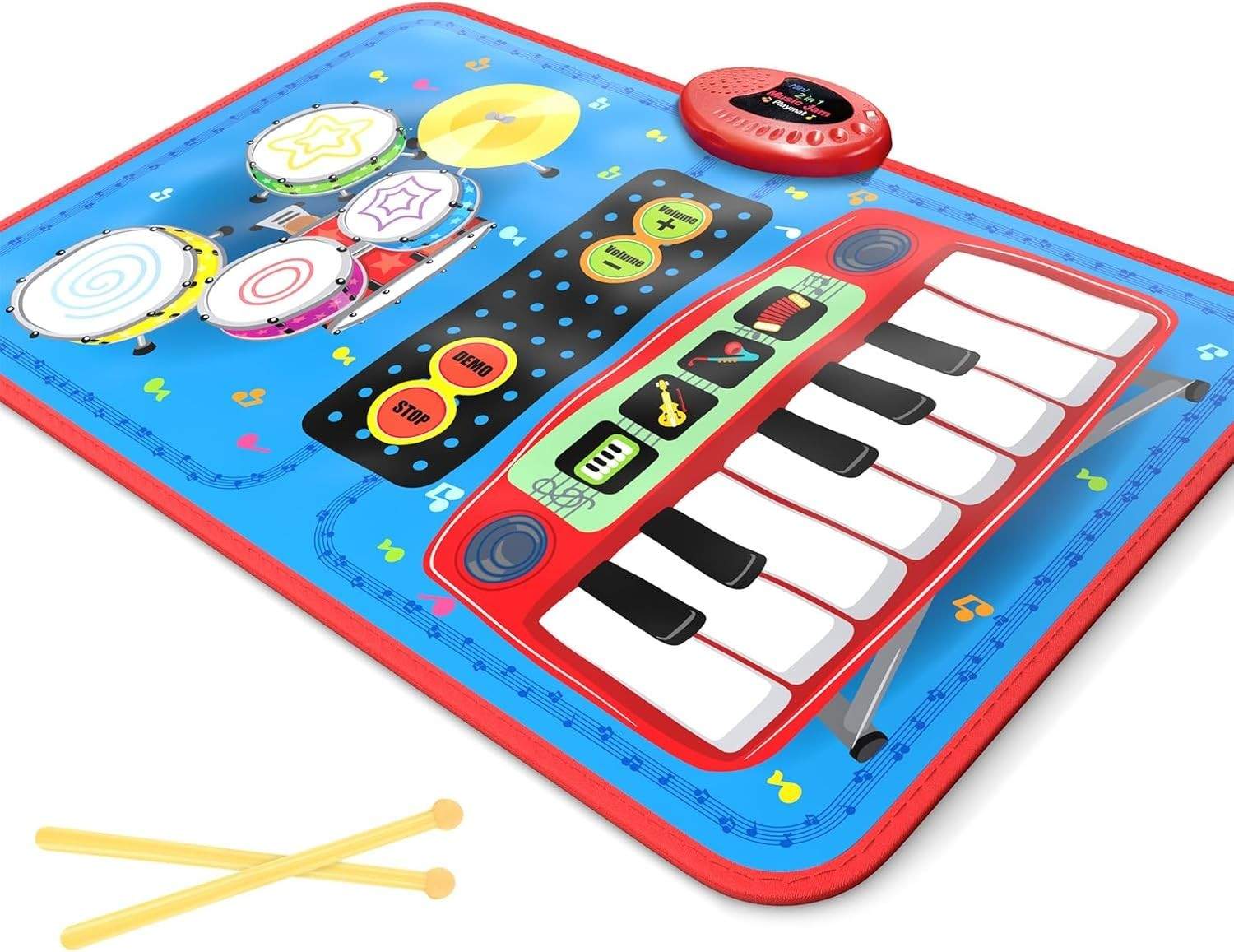 2-in-1 Musical Mat Toys for 1 2 3 4 5 Year Old, Piano Keyboard & Drum Set with 2