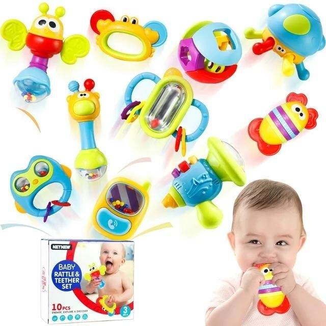 10PCs Baby Rattles Toys Set, Infant Grab Shake Rattle Sensory Teether Newborn