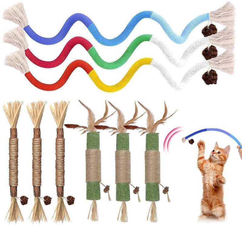 Cat Toys Chew Ropes 9Pcs with Refillable Natural Catnip, Safe Teeth Cleaning-USA