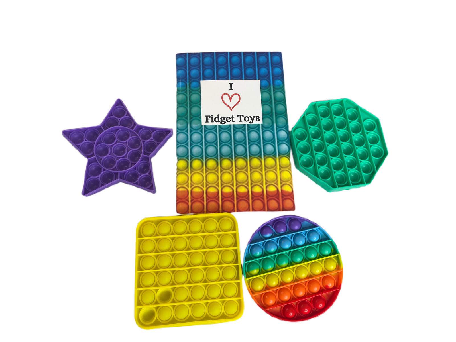 4 Sensory Fidget Toys and I Love Fidget Toys Journal Shapes Rainbow Brand New