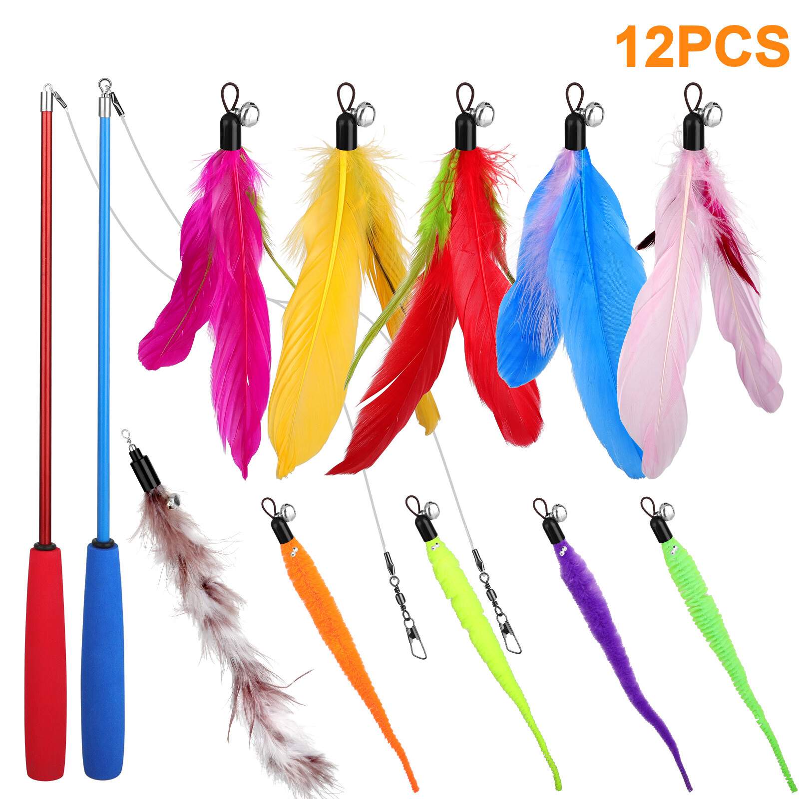 12Pcs Kitten Cat Toy Feather Bell Wand Teaser Rod Interactive Play Pet Toys Gift