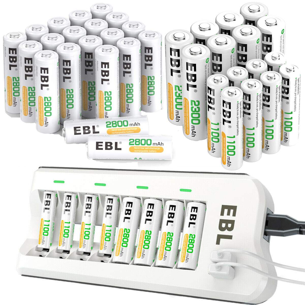 EBL AA AAA Rechargeable Batteries 2300 1100 2800mAh / NI-MH Optional Charger Lot