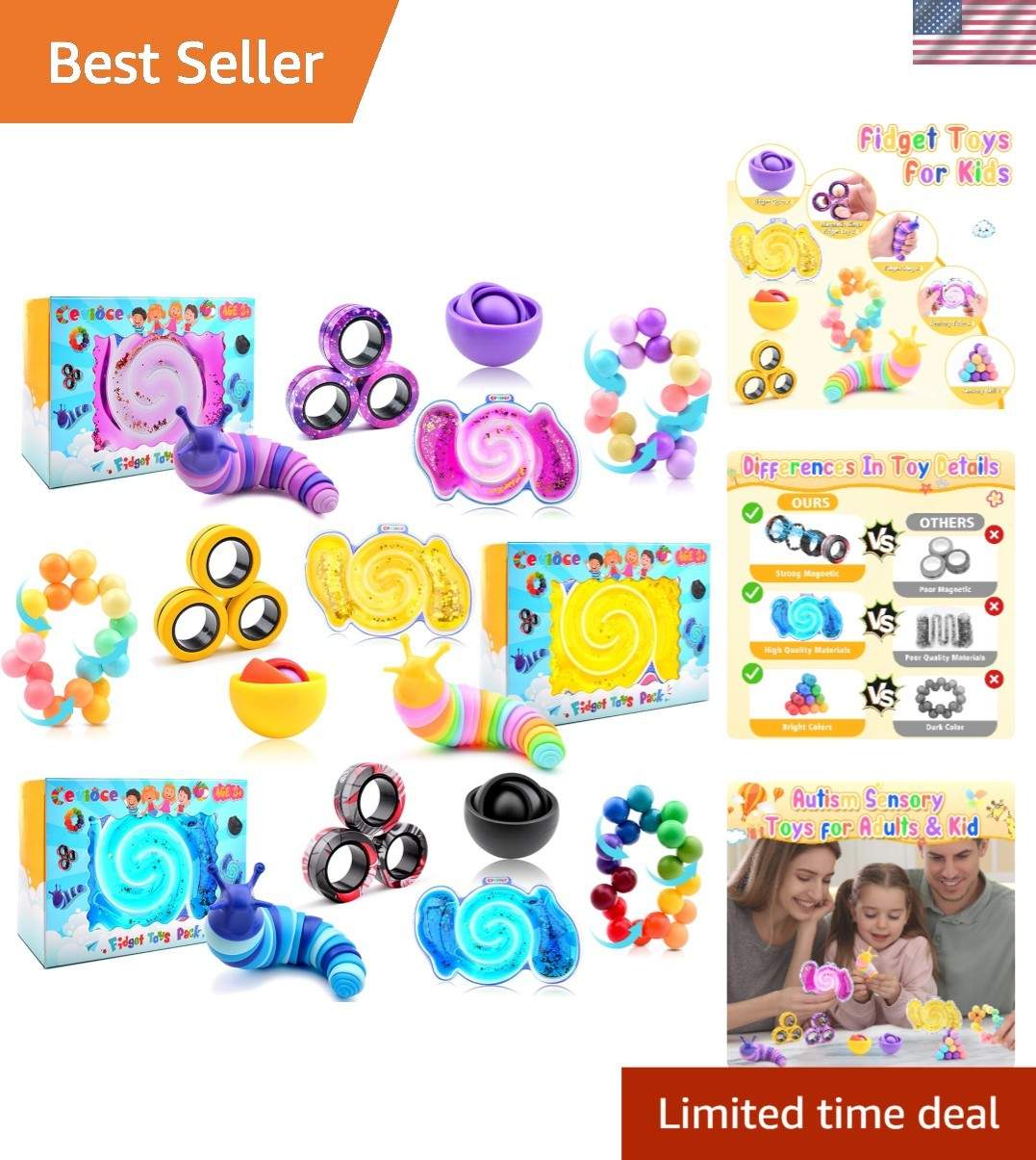 15-Piece Sensory Fidget Toys Pack in Blue, Purple & Yellow – Stress Relief