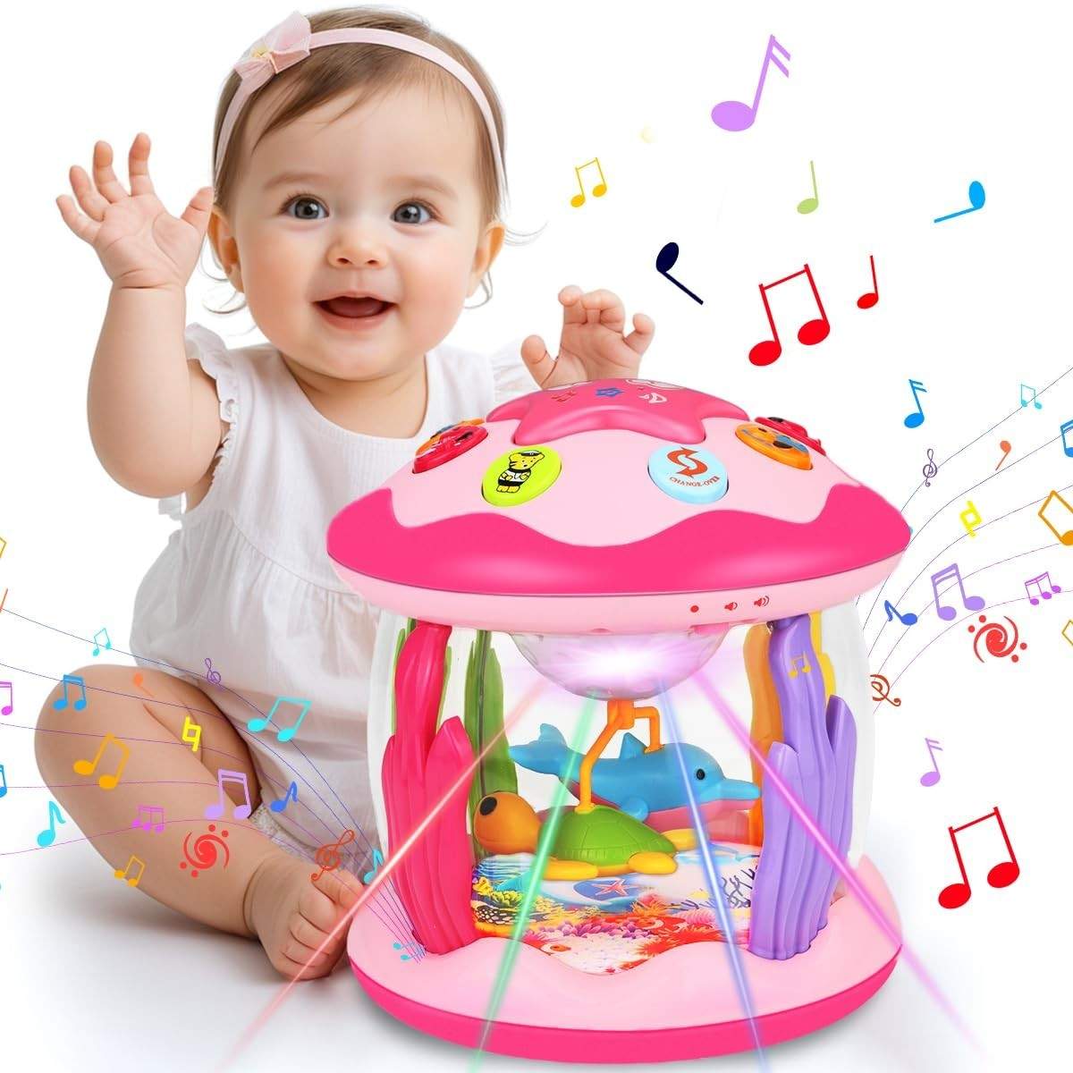 Rotating Ocean Light Up Musical Toy for Babies 6-36 Months Pink Crawling Gift