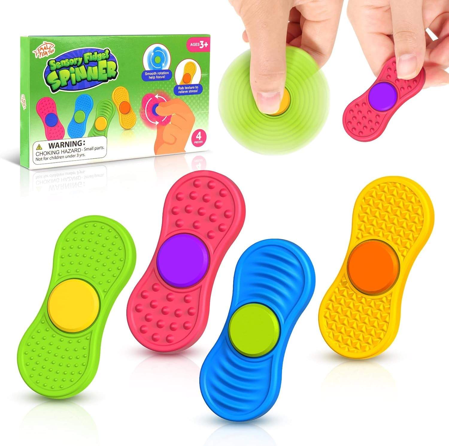 Sensory Fidget Spinnes for Kids Adults：Textured Finger Fidgets 4 Pack, Quiet C