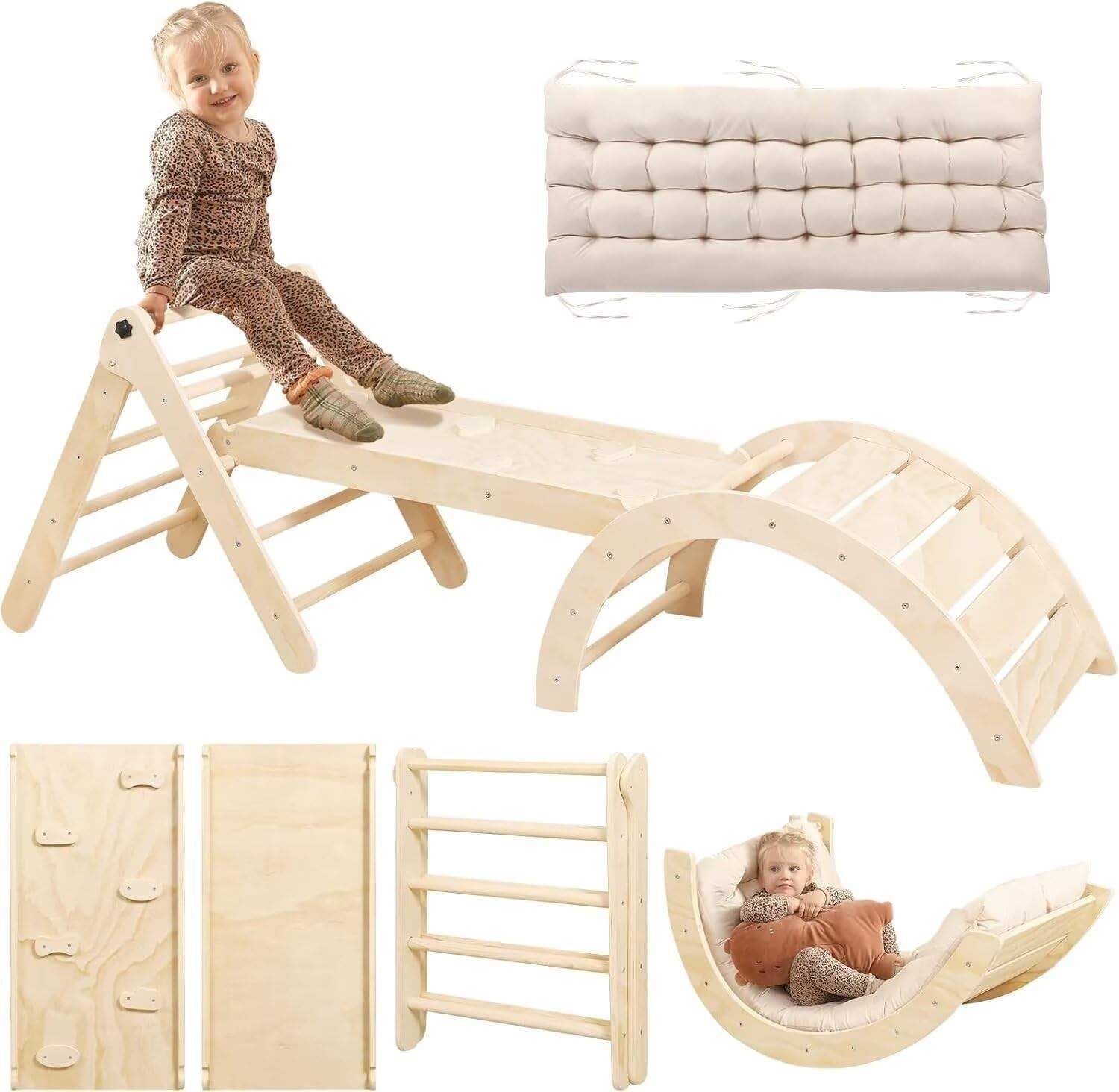 7-in-1 Montessori Pikler Triangle Set with Cushion, Ramp, Arch & Ladder