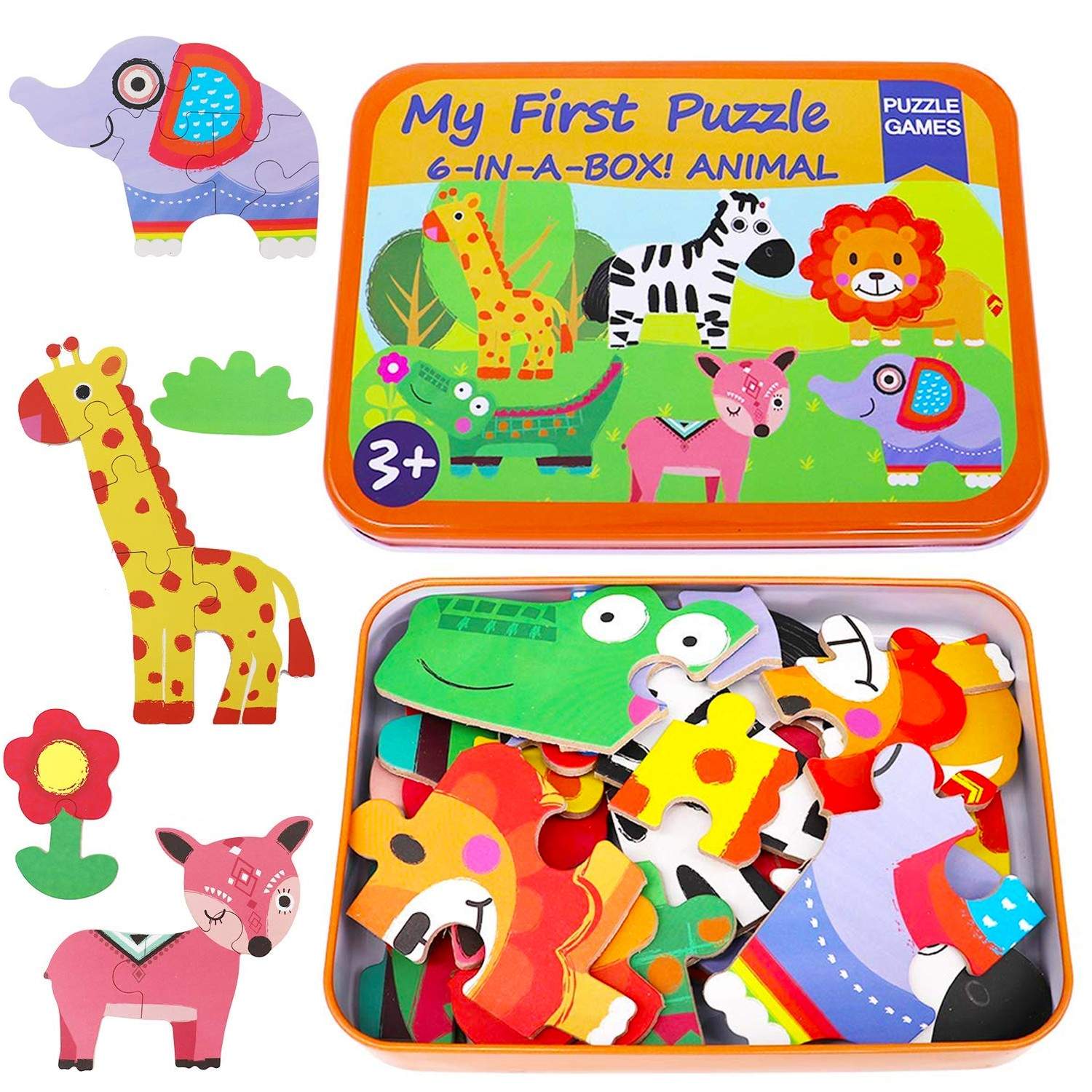 6-in-1 Wooden Animal Puzzles for Toddlers Ages 2-6 – Educational Toy Gift