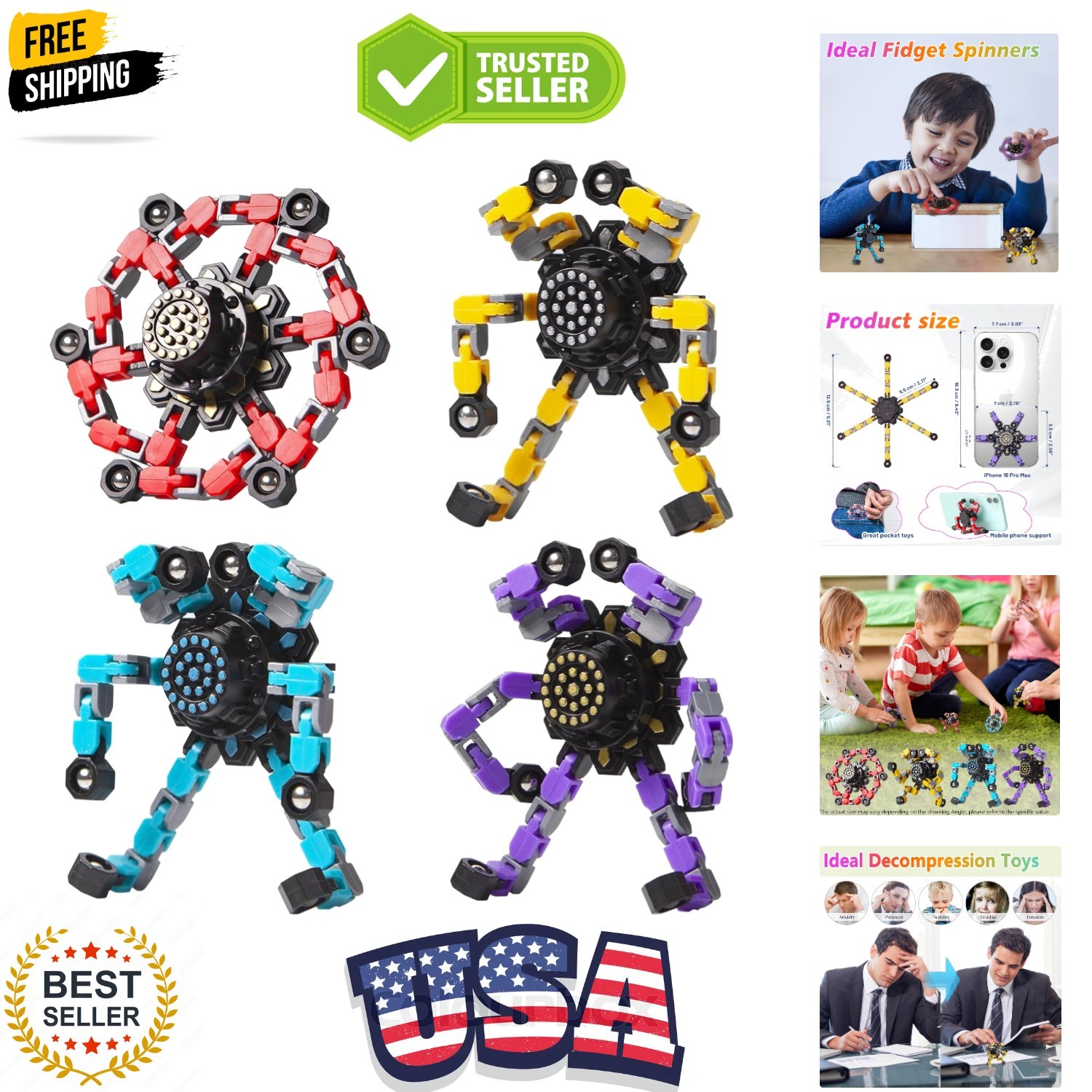 Transformable Fidget Spinners Toys 4 Pcs for Kids and Adults Stress Relief Se…