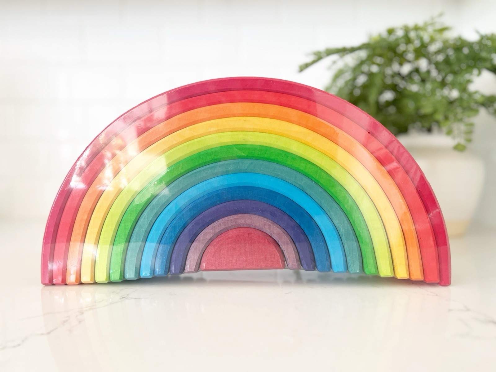 NEW Authentic Grimm’s Large Wooden Rainbow Montessori Stacking Nesting Toy