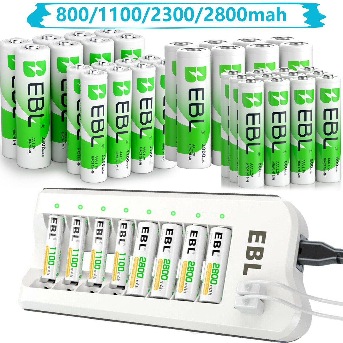 EBL AA AAA Rechargeable Batteries 2300 1100 2800mAh / NI-MH Optional Charger Lot