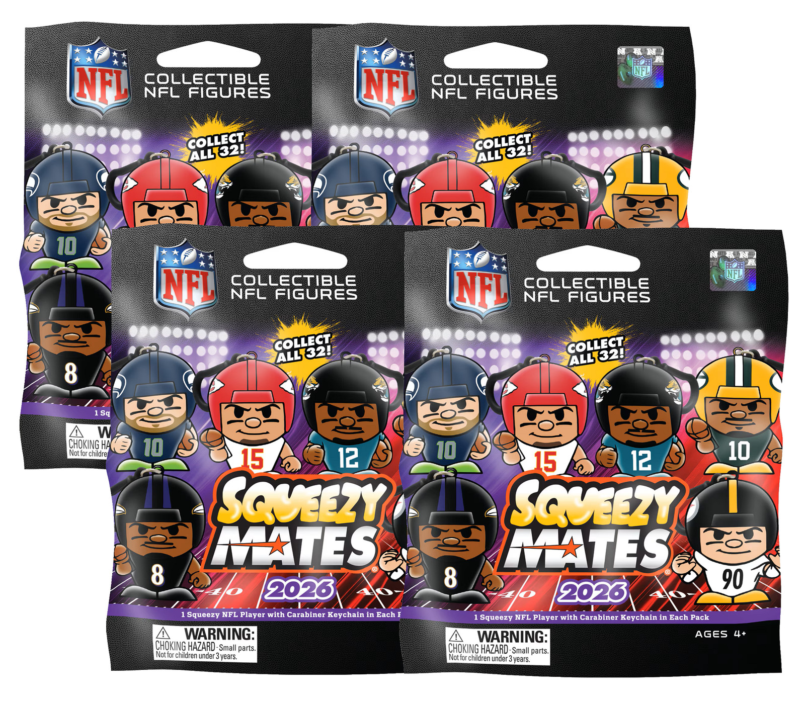 4 packs – SqueezyMates NFL Gravity Feed Figurines Mystery Packs – 2026 Series 8