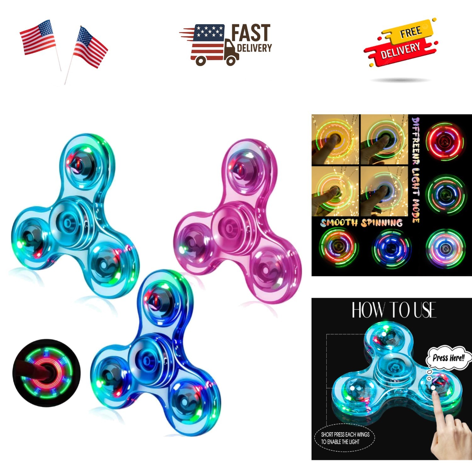 Fidget Toys 3 Pack,Light Up Fidget Spinner for Kids & Adults Stress Relief Ca…
