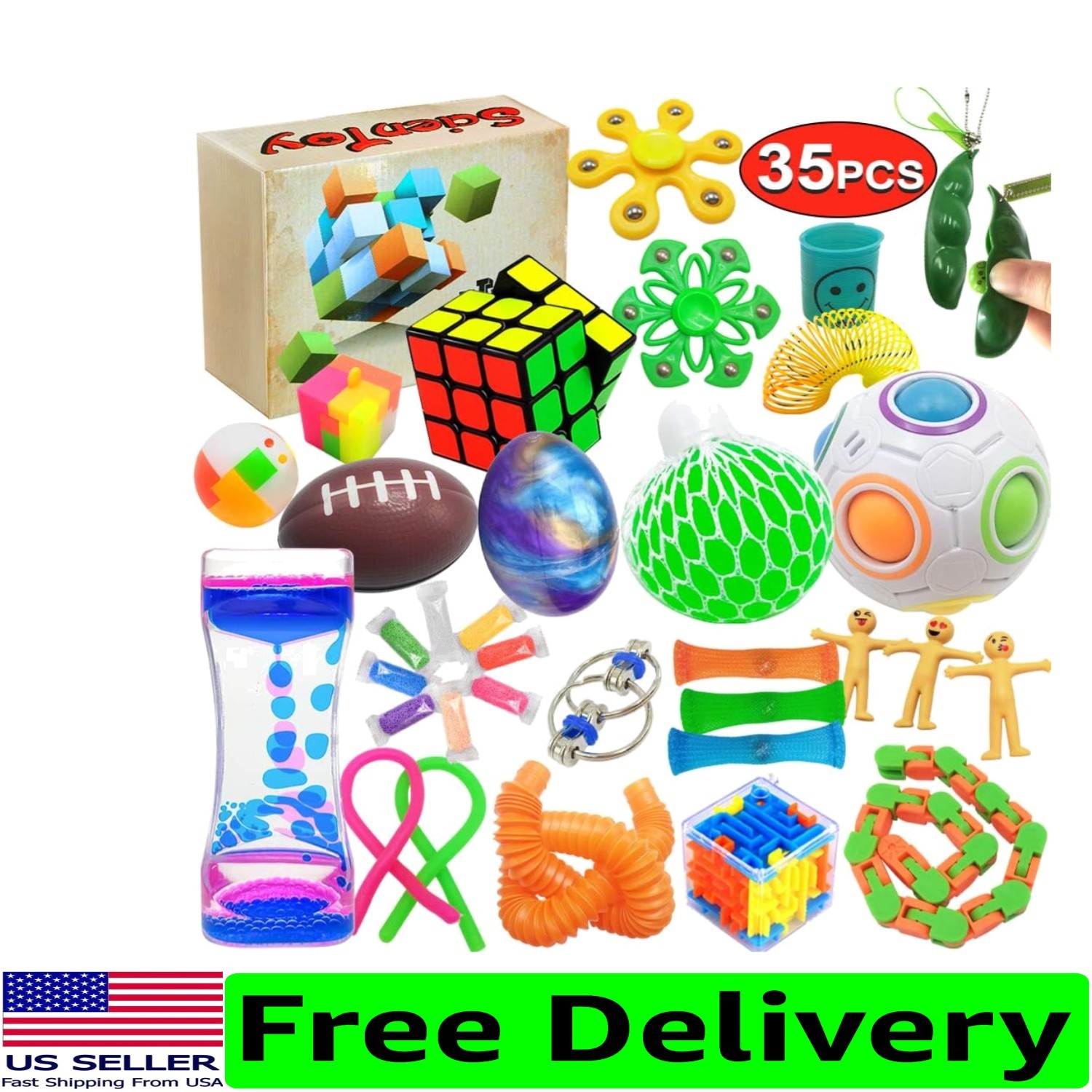 Fidget Toys for Kids & Adults – 35-Piece Sensory Set with Motion Timer