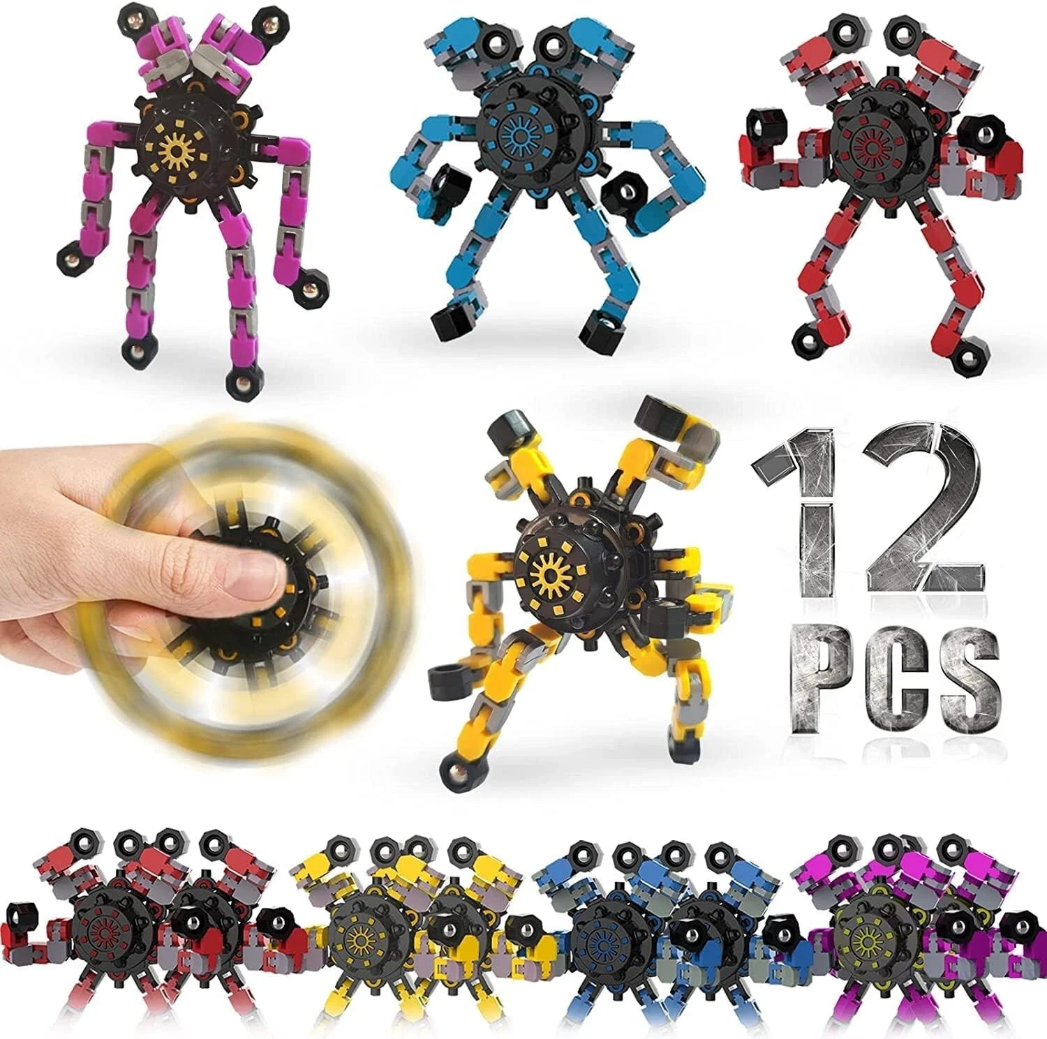 12 Fidget Spinner Sensory Toys, Creative Top Spinning Stress Relief  Transformer