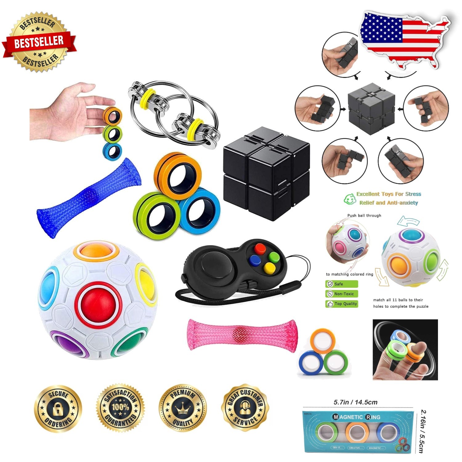 7pc Sensory Fidget Toy Set – Stress Relief, ADHD, Child-Safe, Fun Bundle