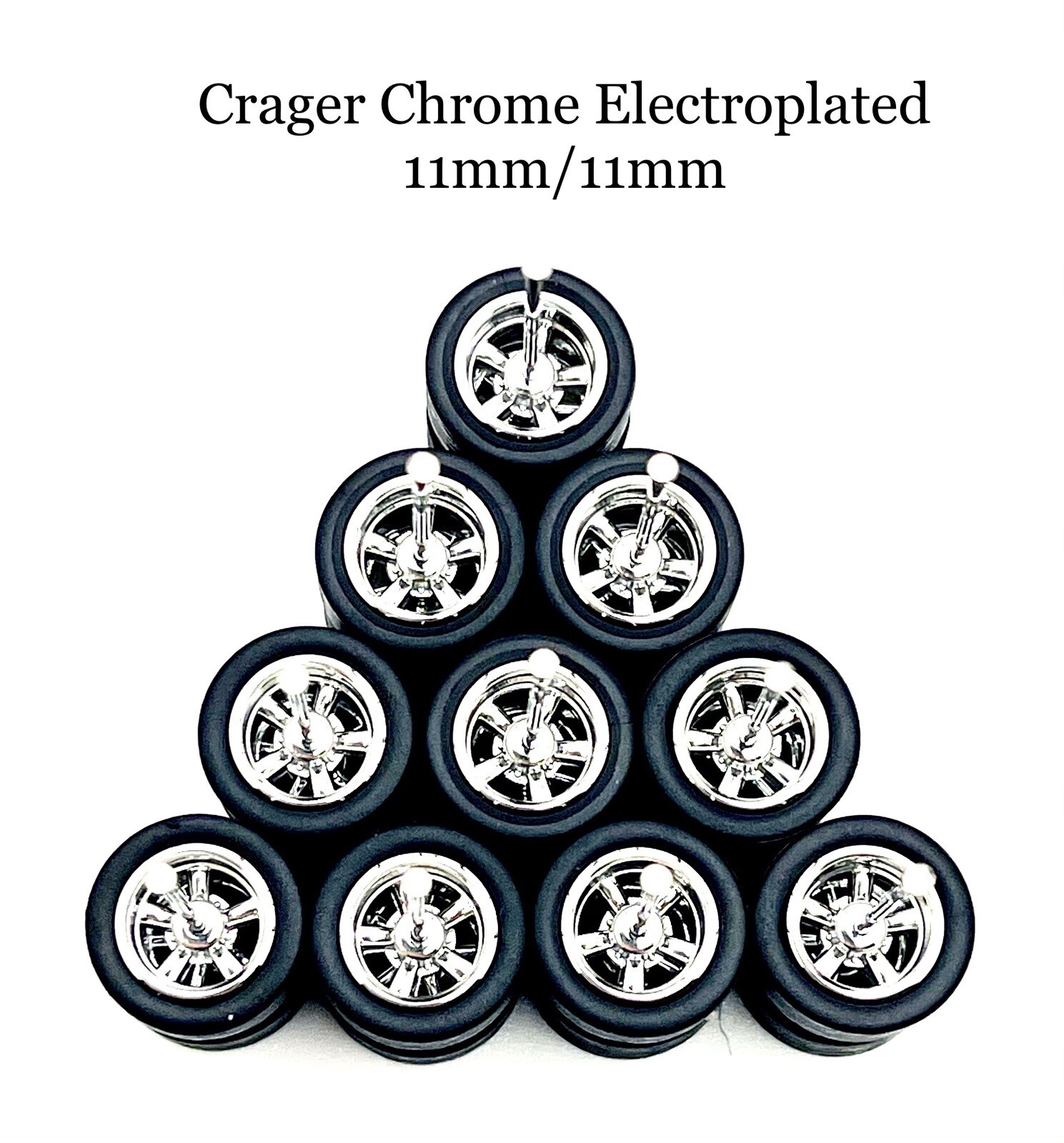 5x Chrome Cragar 11/11mm Real Rider Wheels w/ Rubber Tires for 1/64 H0T Wheelz