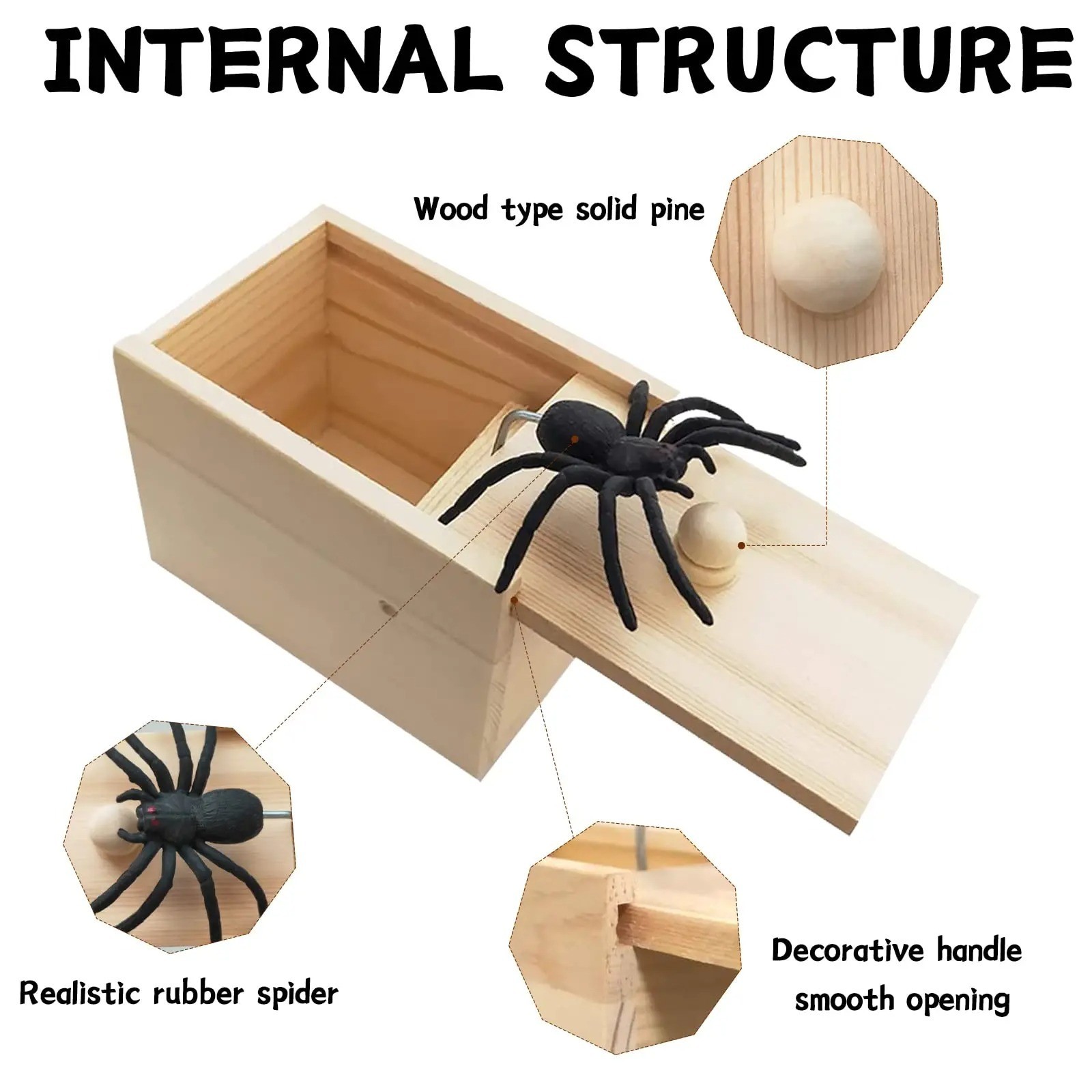 Wooden Prank Spider Scare Box Hidden in Case Trick Play Joke Scarebox Gag Toy