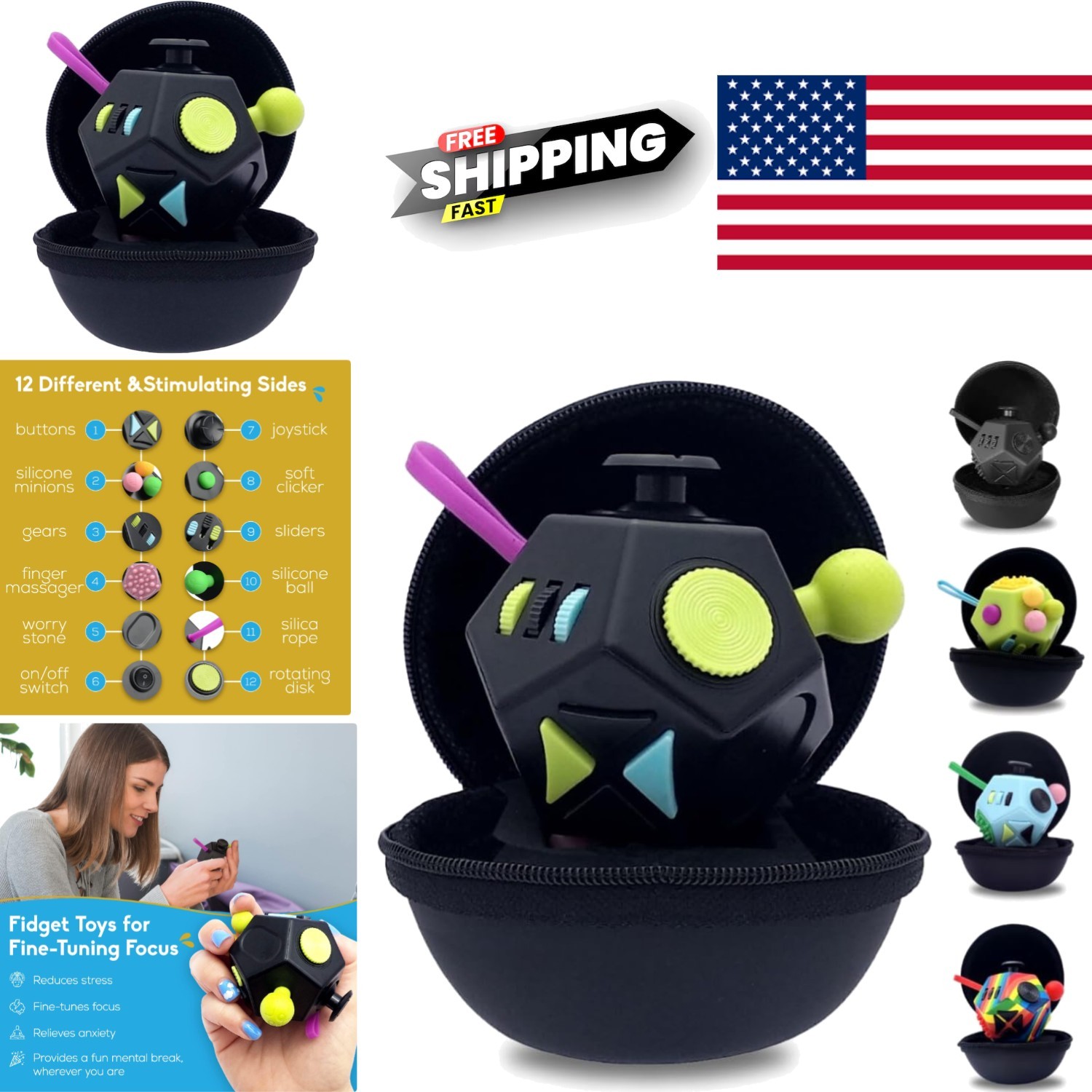 Fidget Cube with 12 Sides Small Black and Mix Stress Relief Toys for Kids Adults