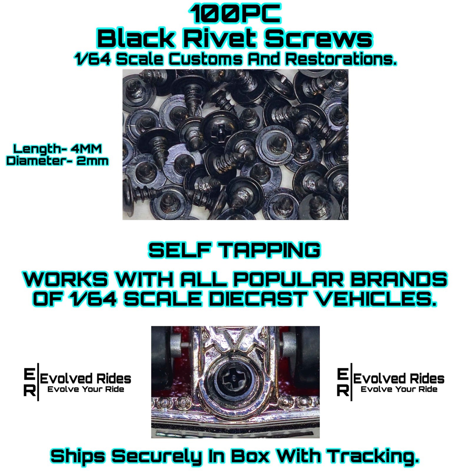 100PC Short Rivet Screw Self Tap Black For 1/64 Scale Customs Restorations