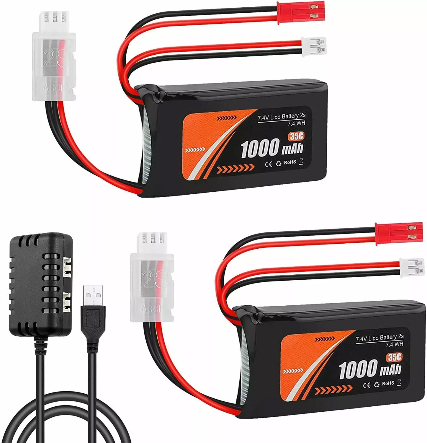 2Pcs 7.4V 1000mAh 35C Battery for AXIAL SCX24 90081 C10 1/24 w/ PH2.0 & JST Plug