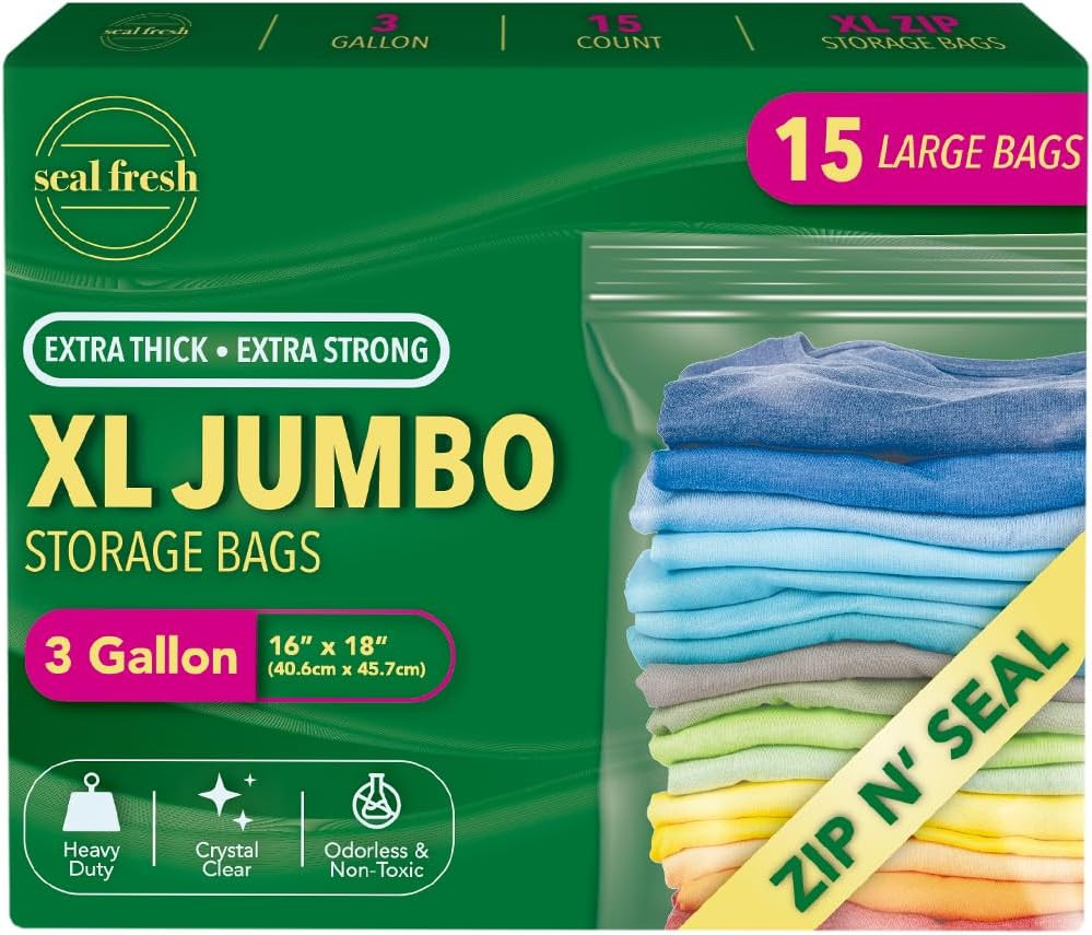 3 Gallon Plastic Storage Bags – 16″ X 18″ (15 Count) – Clear Jumbo Zip Bags