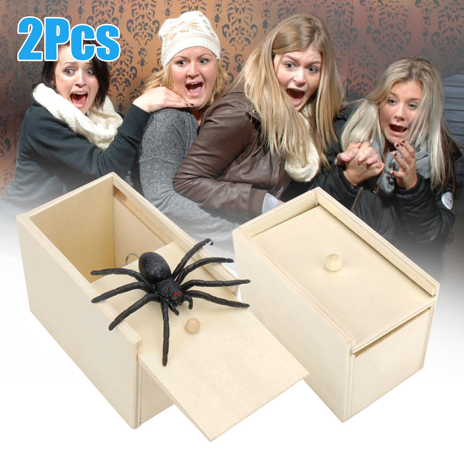 2X Wooden Prank Spider Scare Box Hidden in Case Trick Play Joke Scarebox Gag Toy