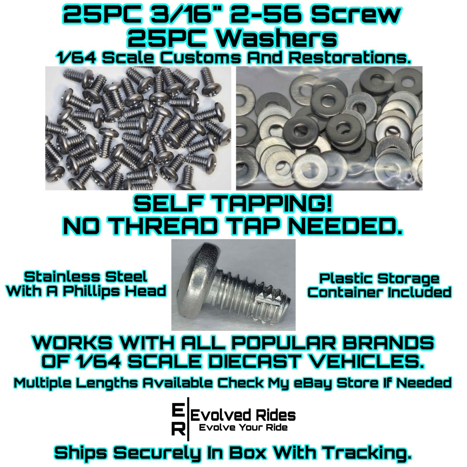 50pc Set 3/16th 2-56 Screw Self Tap FOR 1/64 Scale Custom Restoration Hot Wheel