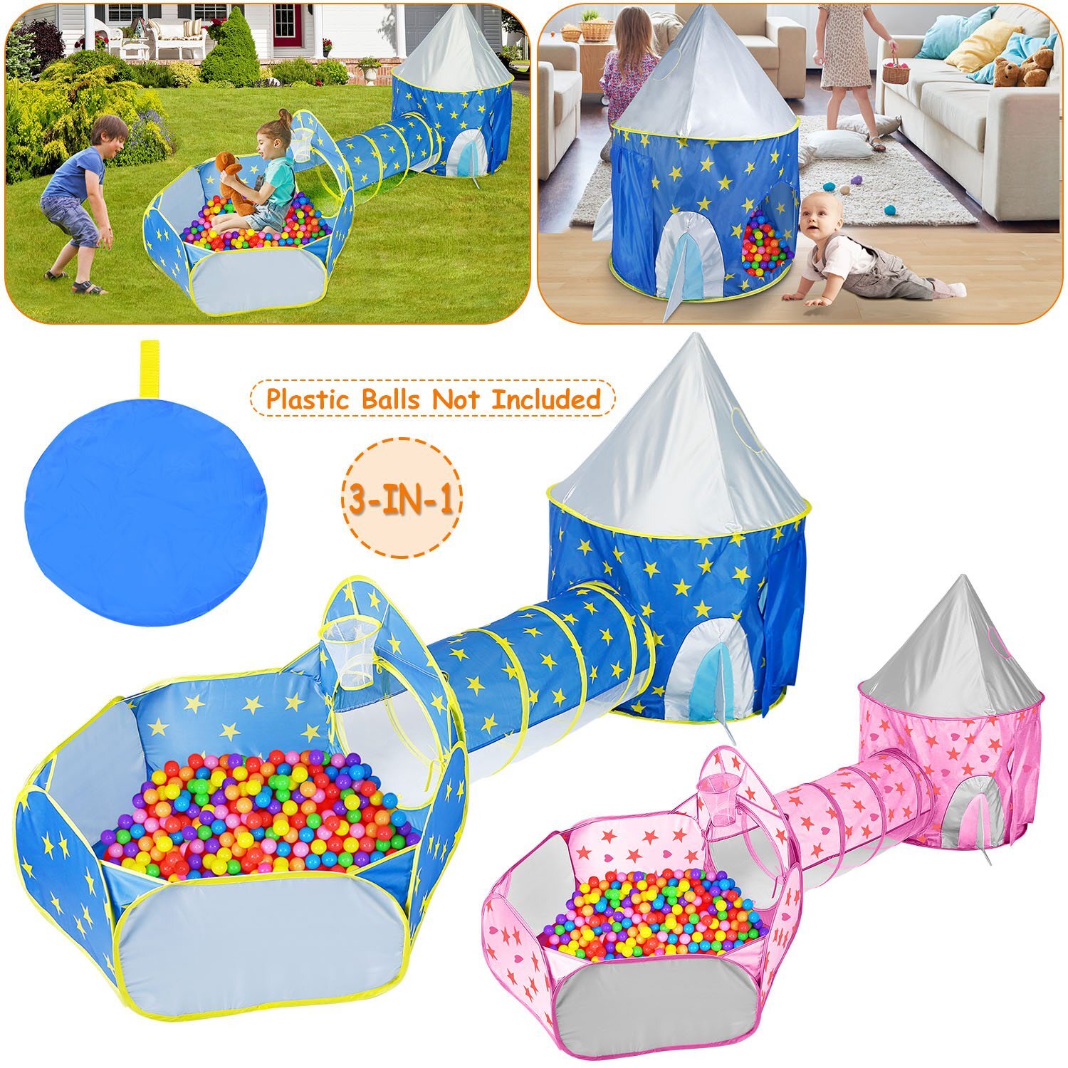 3 in 1 Kids Play Tent for Toddler w/ Baby Ball Pit with Climbing Tunnel Toy