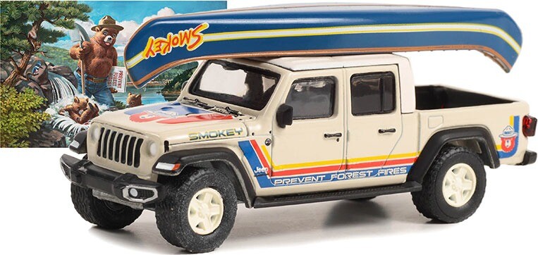2021 Jeep Gladiator with Canoe on Roof Prevent Forest Fires! in 1:64 scale by
