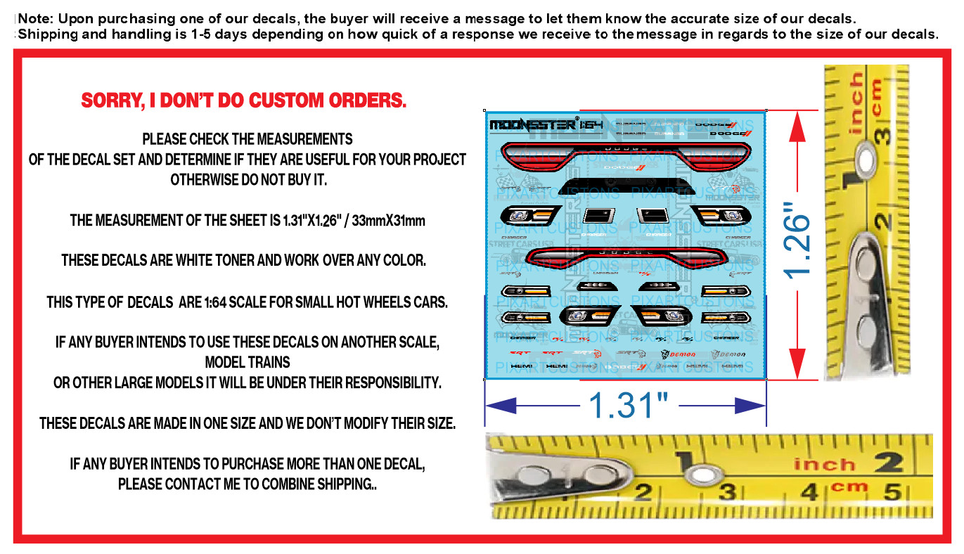 White Toner 1/64 Water Slide Decal Set Dodge Charger R/T Lights For Hot Wheels