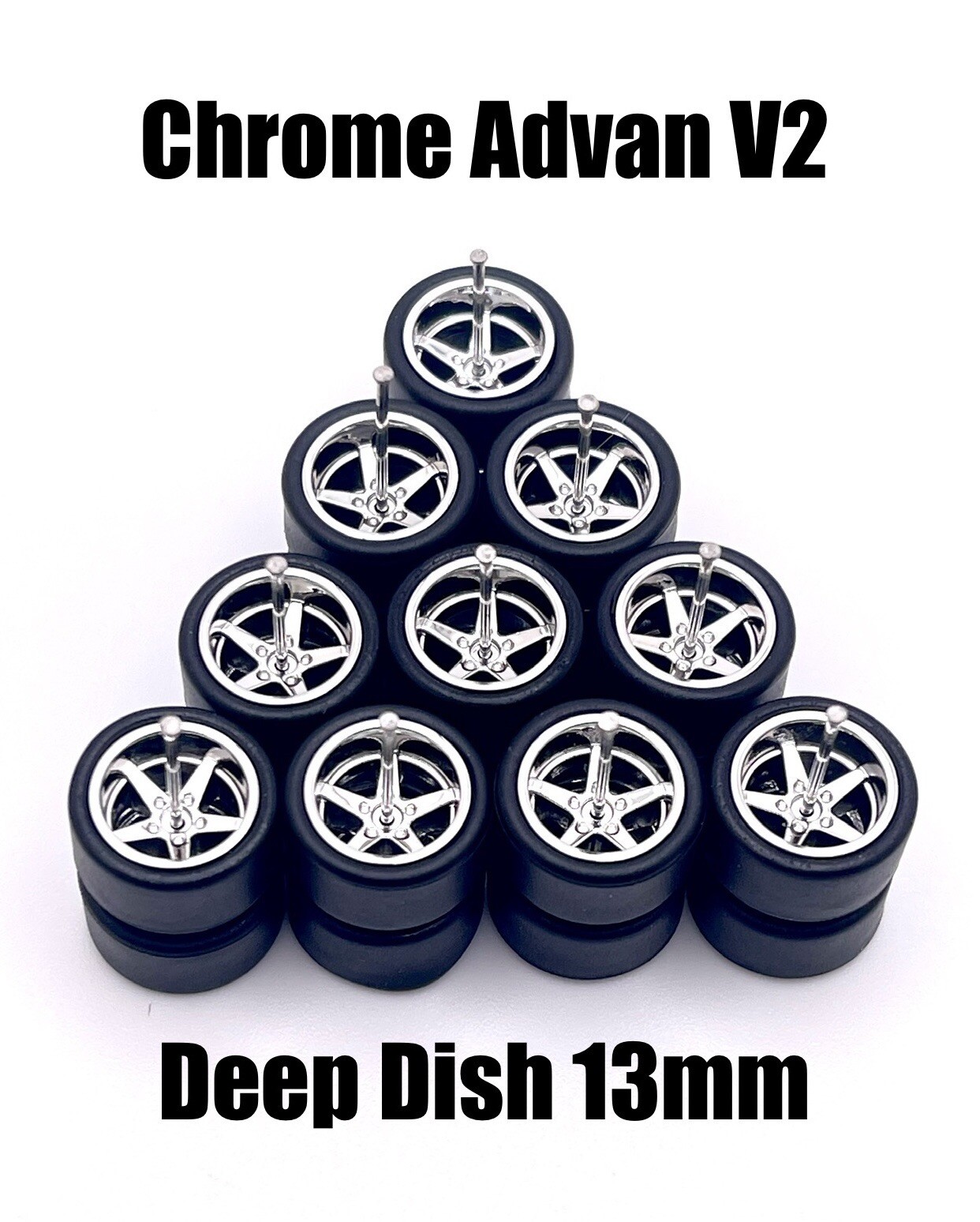 5x Chrome Advan V2 13/13mm DEEP DISH Wheels Rubber Tires for 1/64 H0T Wheelz