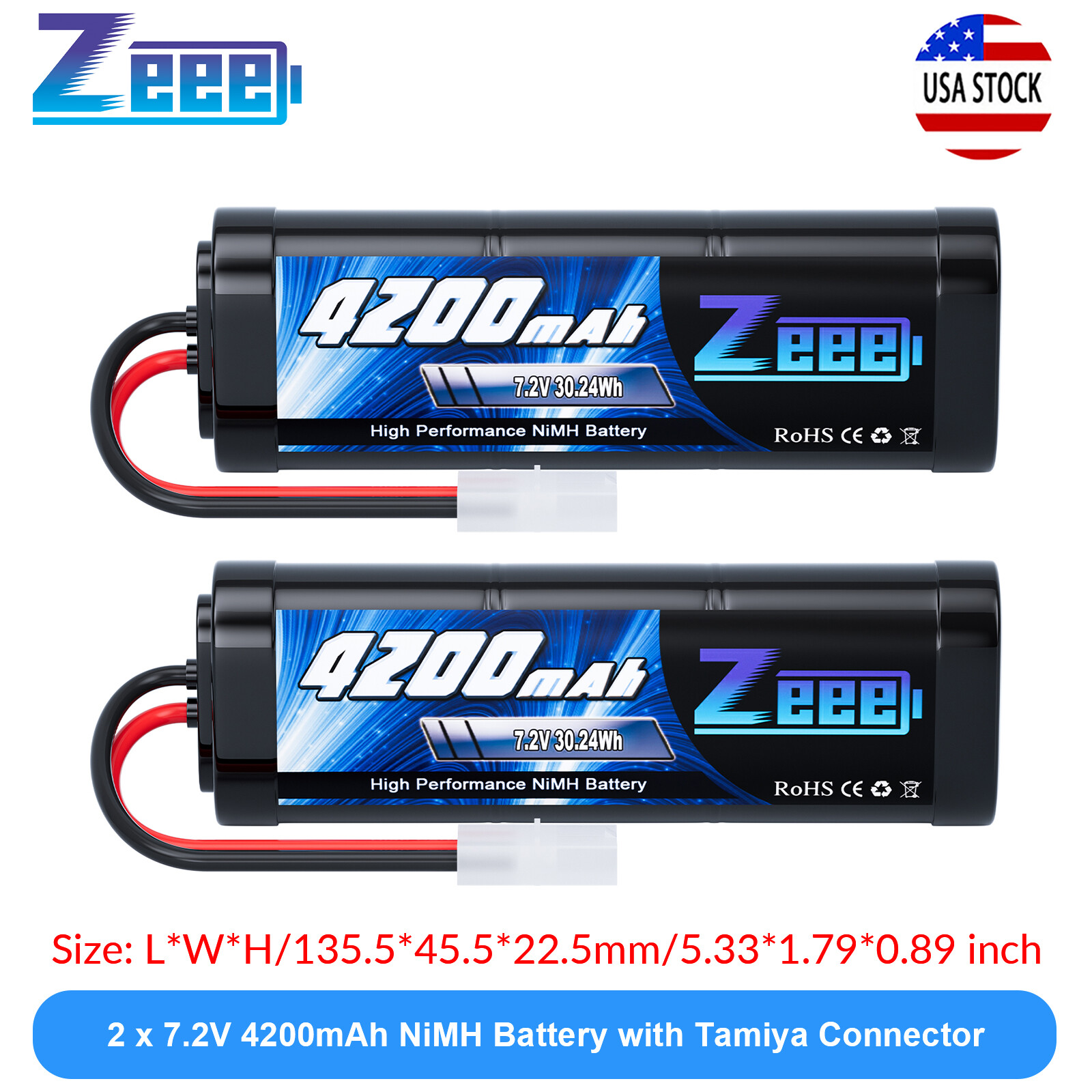2x Zeee 7.2V 4200mAh NiMH Battery Tamiya Plug for RC Car HPI Kyosho Tamiya Losi
