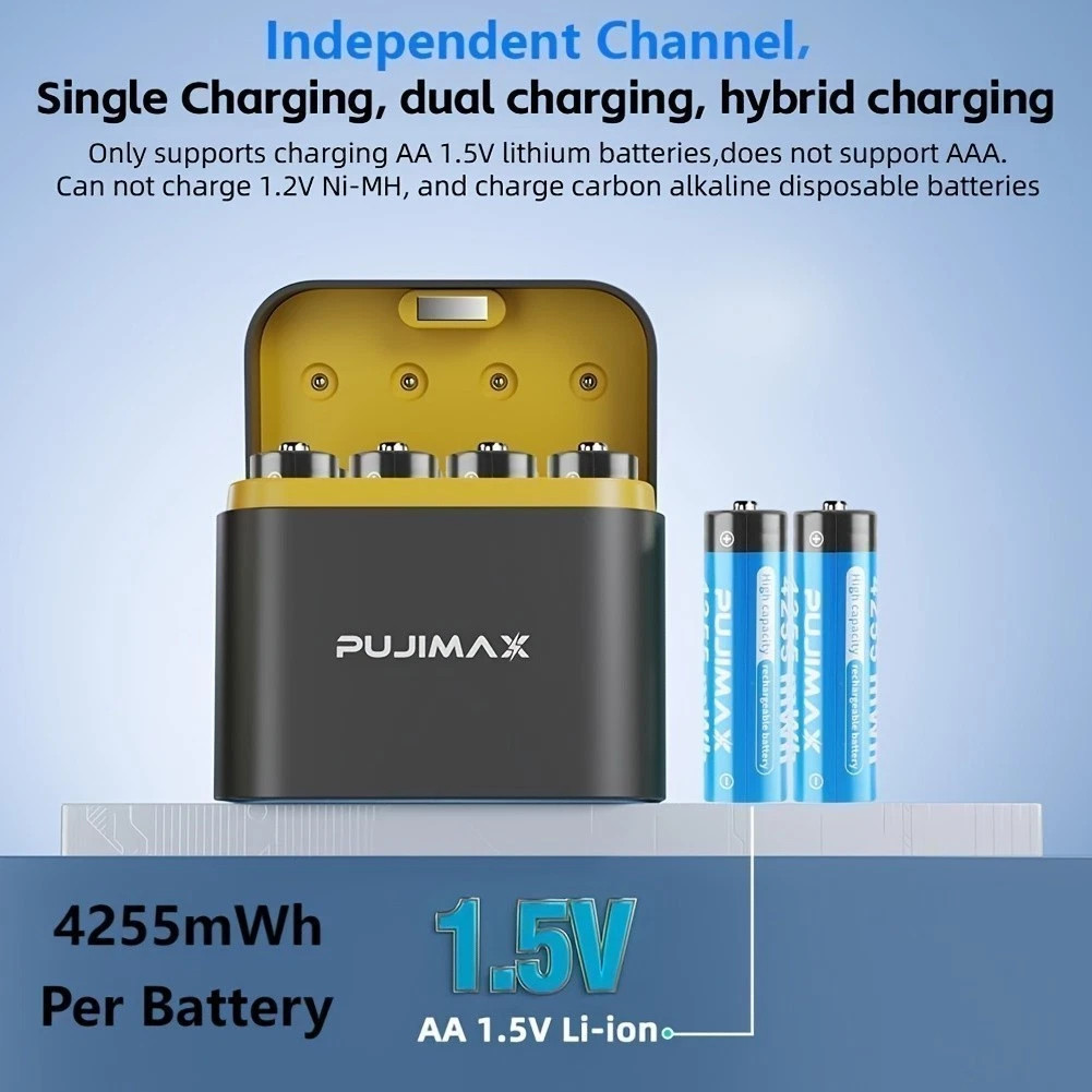 NEW PUJIMAX 4255mWh Charger + 4-Pack AA Rechargeable Lithium Batteries 1.5V Fast