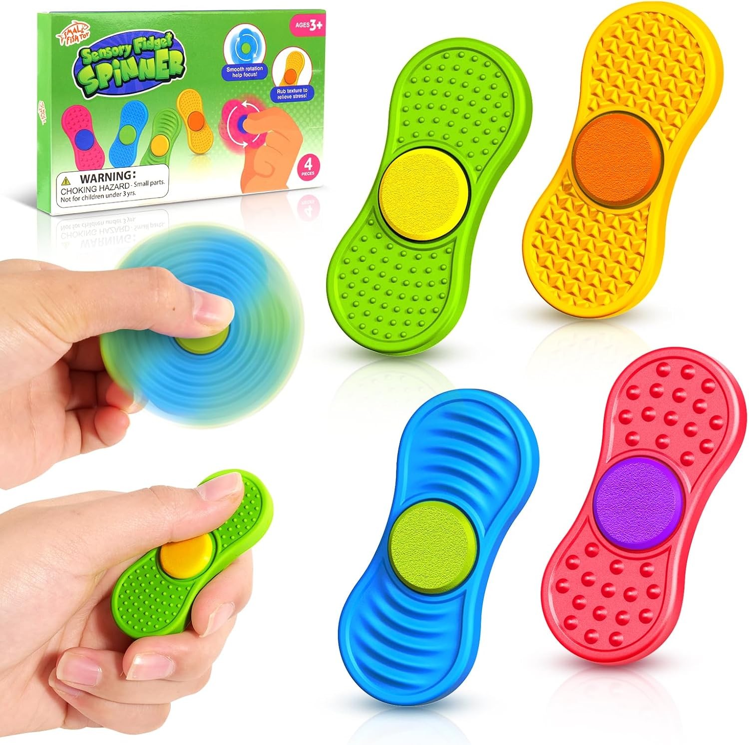 Sensory Fidget Spinnes for Kids Adults：Textured Finger Fidgets 4 Pack, Quiet…