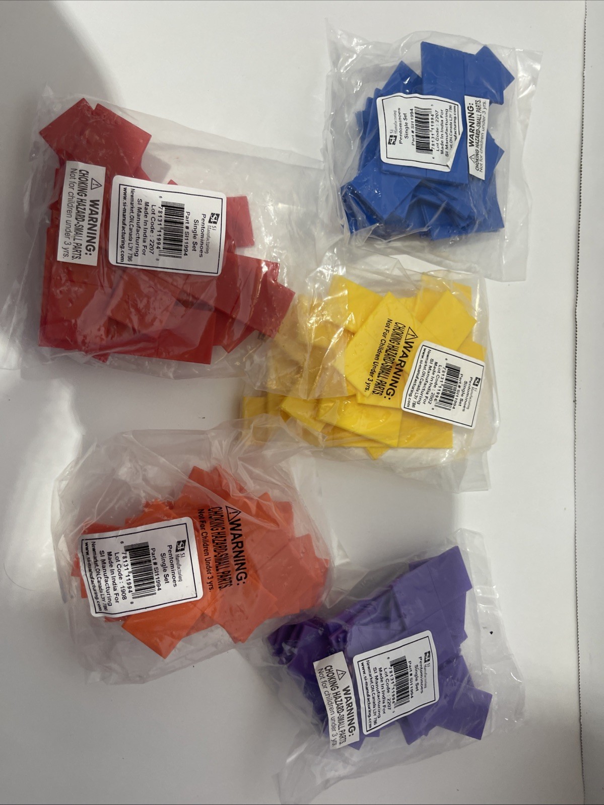 Five (5) Sets Of Colored Plastic Pentominoes Great For Parents/Math Teachers!