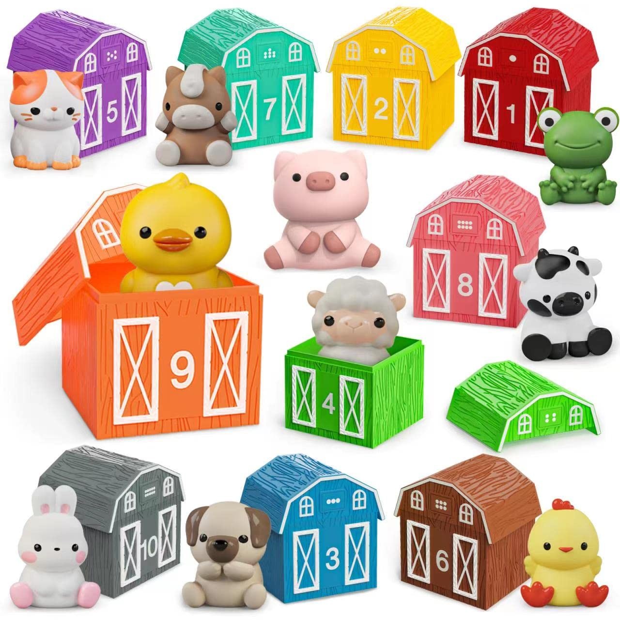 Learning for Toddlers 1 2 3 Year Old, 10 Farm Animal Toys & 10 Barns, Countin…