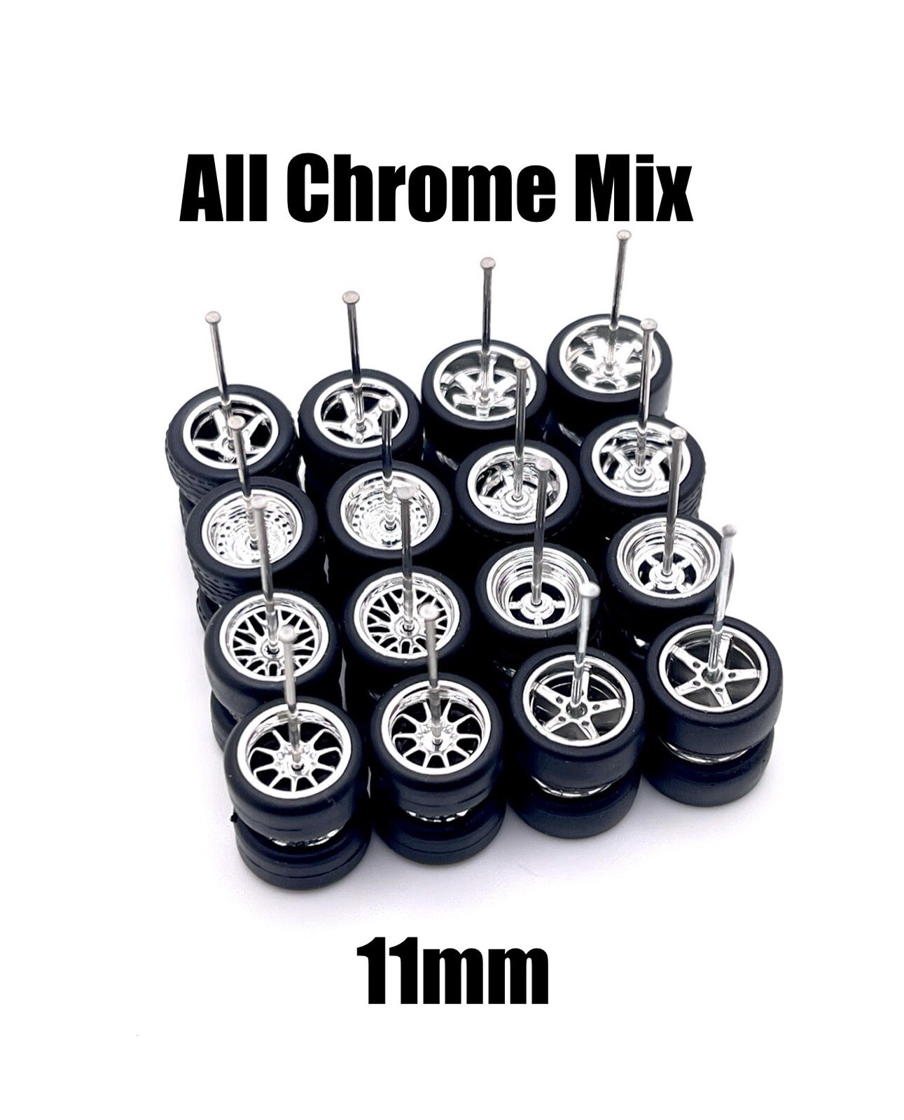 10 Sets Variety All Chrome 11mm Real Rider Wheels w/ Rubber Tire Set For 1/64