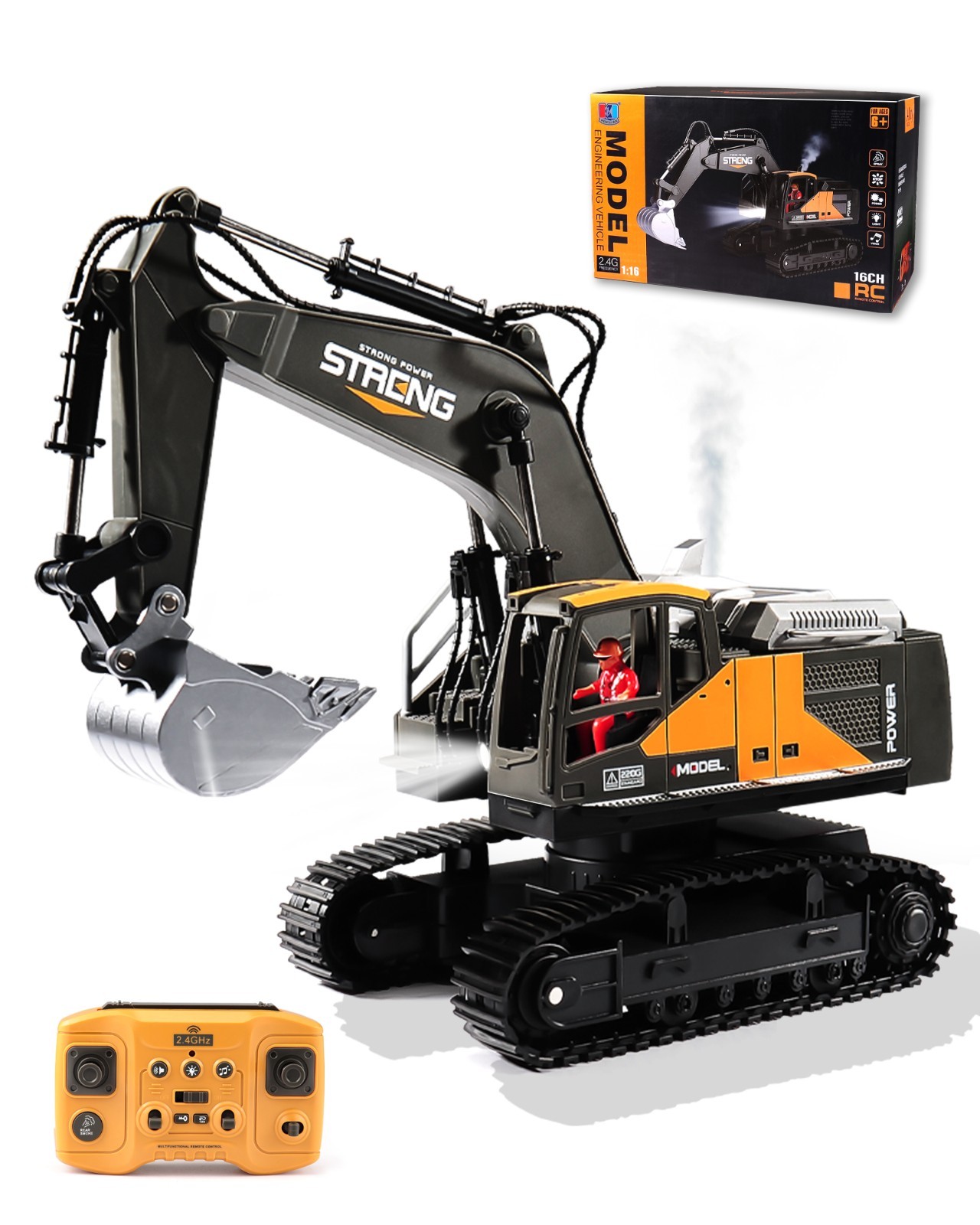 USA 1/16  2.4G 16CH Metal Bucket RC Excavator with LED Light for Boys Girls Gift