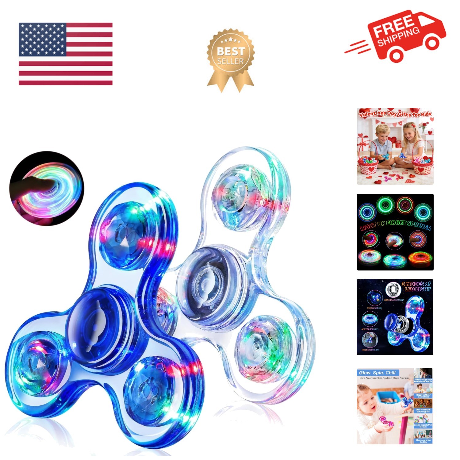 Fidget Spinner 2 Pack, Light up Sensory Fidget Toys Adults Kids 4-8-12 with A…