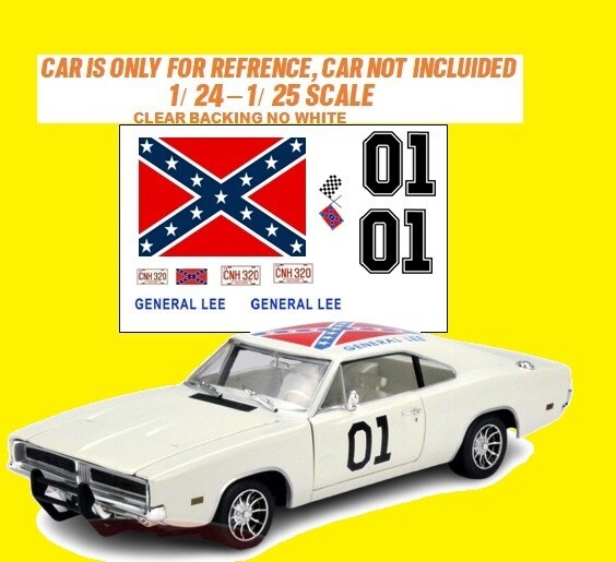 General Lee 1:24 1:25 scale water slide decals Dukes Of Hazzard clear backing