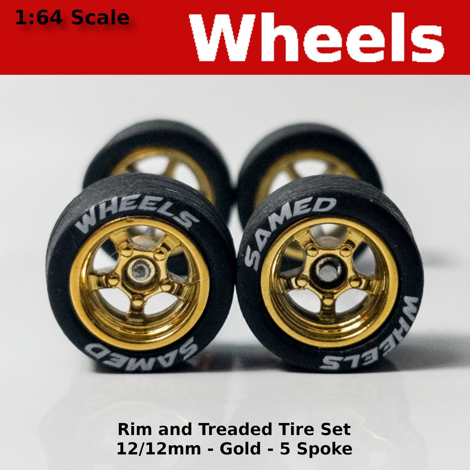 Gold 12mm Lettered 5 spoke wheels – 12/12mm for Hot Wheels