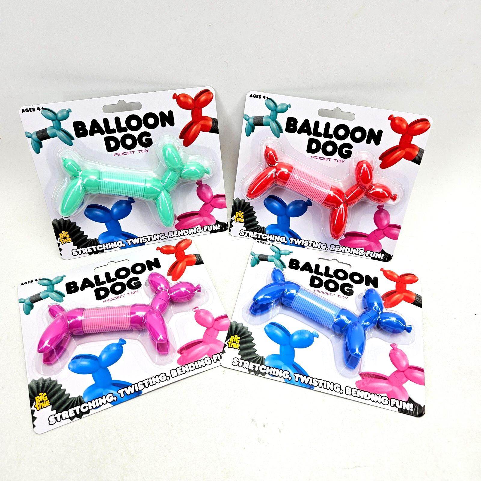 4pk Balloon Dog Fidget Toys Stretch Twist Bend 1 -Red, 1-Blue, 1-Teal, 1-Purple