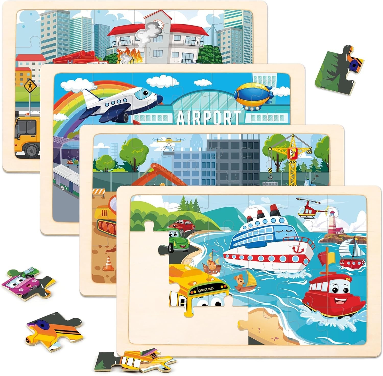 Wooden Puzzles for Kids Ages 3-5, 4 Packs Puzzles for Kids Ages 4-6, 24-Piece Tr