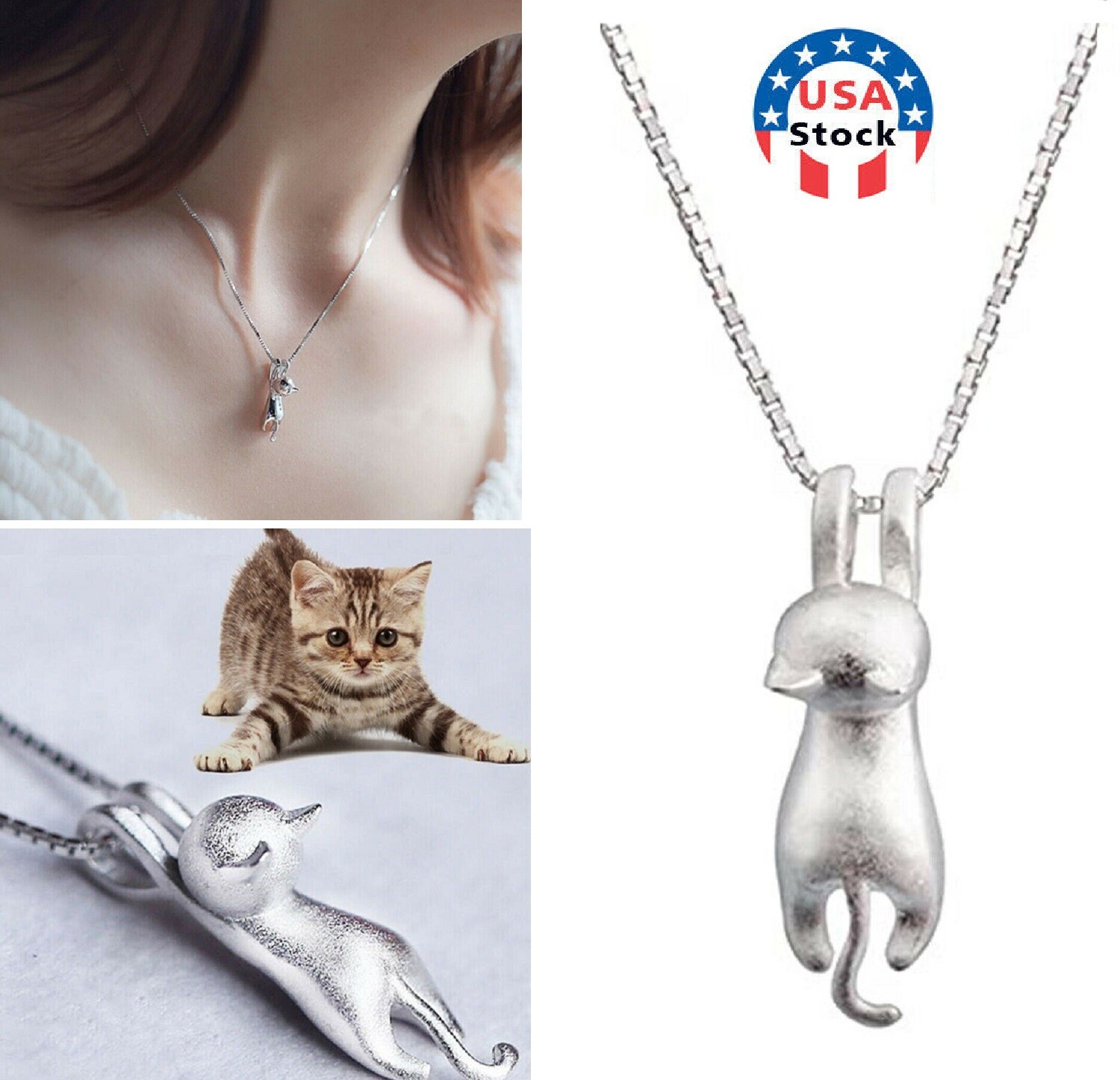 Sterling Silver Love Cute Cat Kitty Pendant Necklace 18″ Chain Women Gift USA