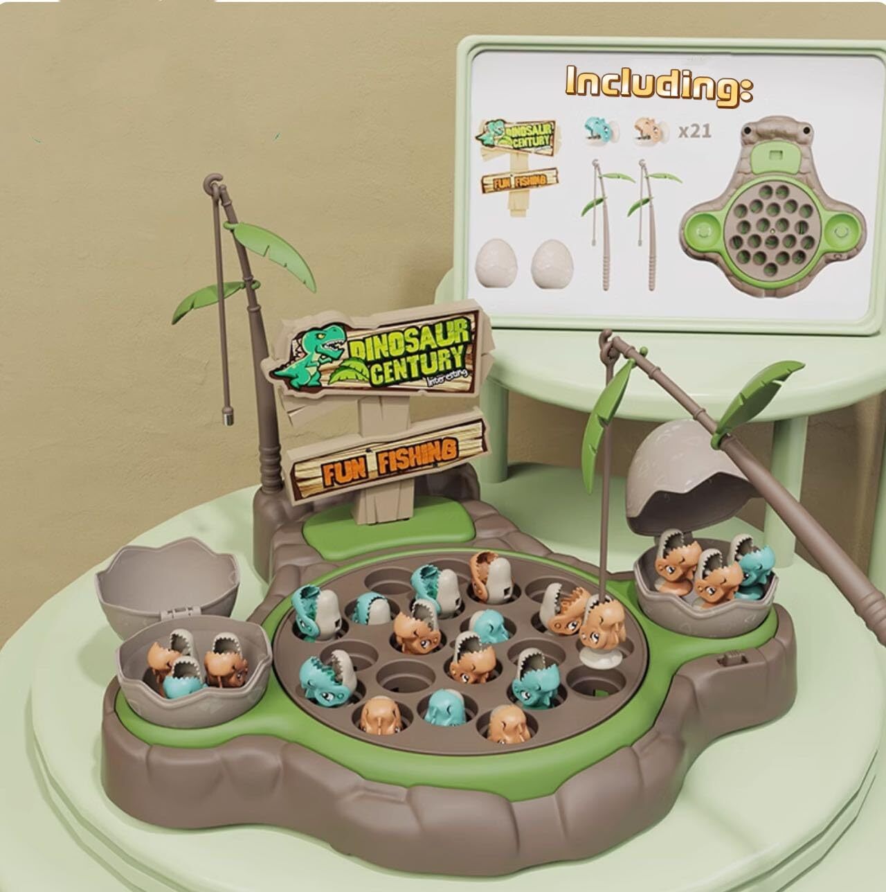 Dinosaur Fishing Game Toy Pole &Rod Fish Board Rotating with Music For Kids 3+