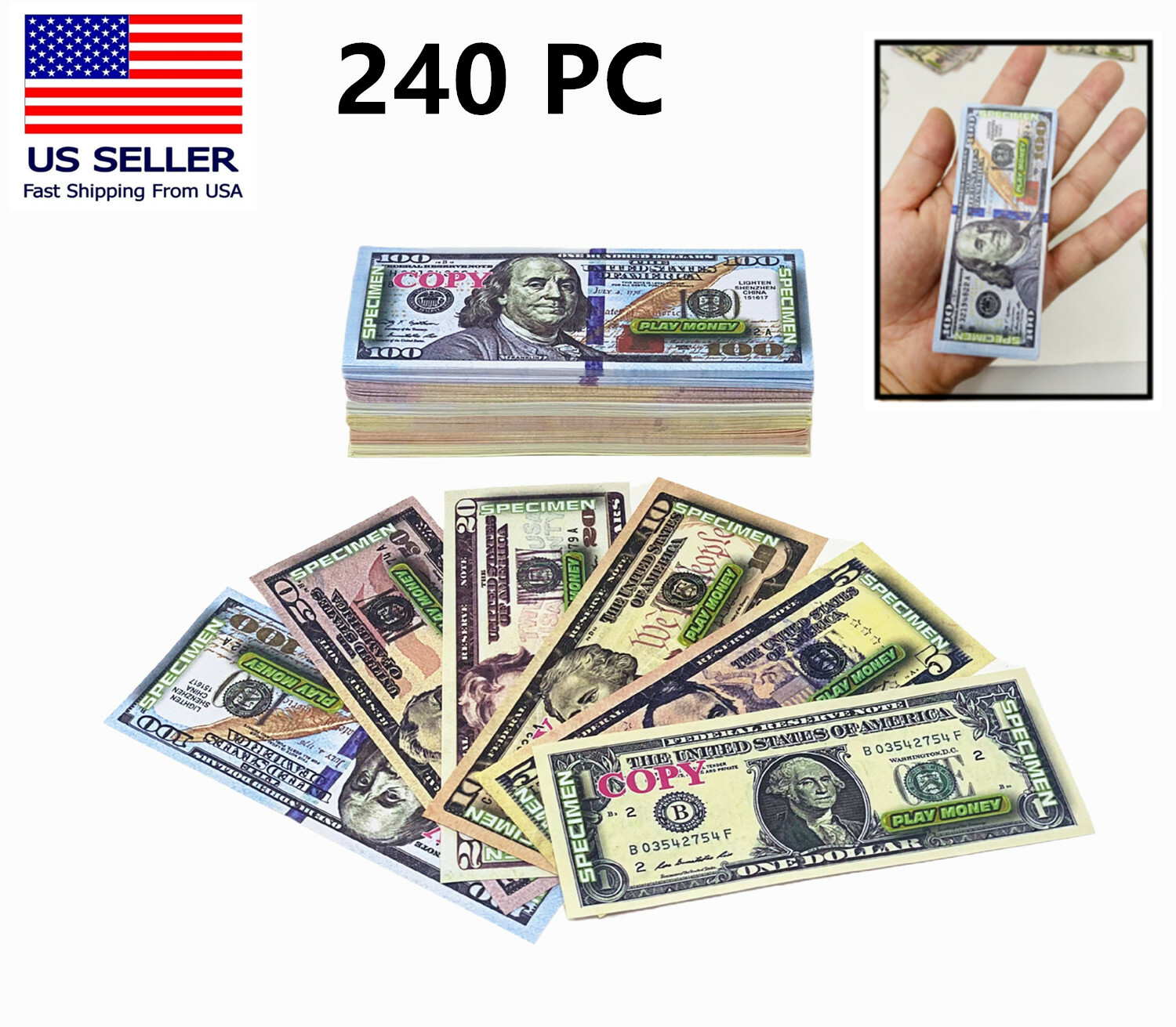 240 PC Educational Play Money Set, Print 1 Side – Bills of 1, 5, 10, 20, 50, 100
