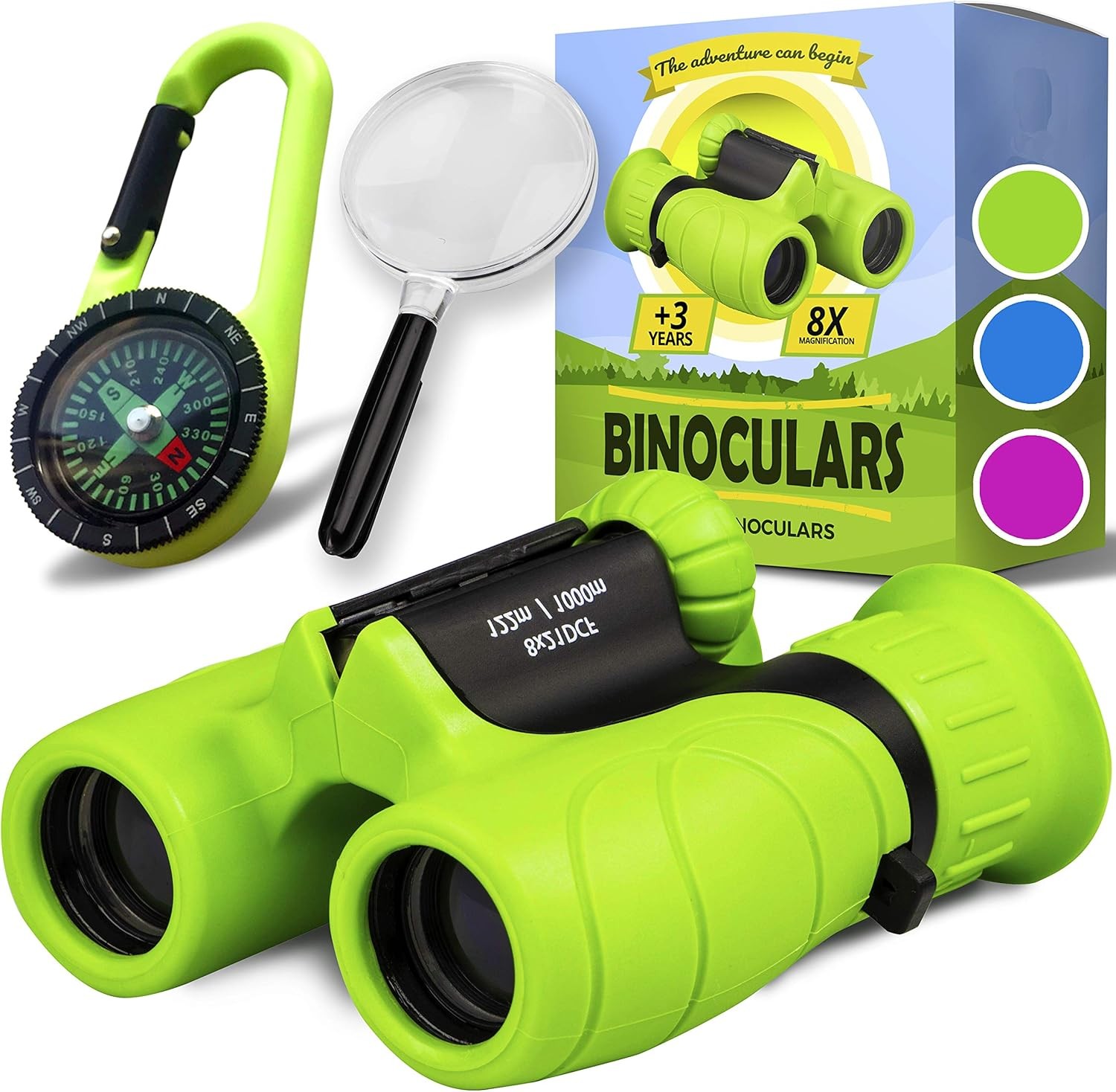 Promora Binoculars for Kids, Set with Magnifying Glass & Compass Purple Green