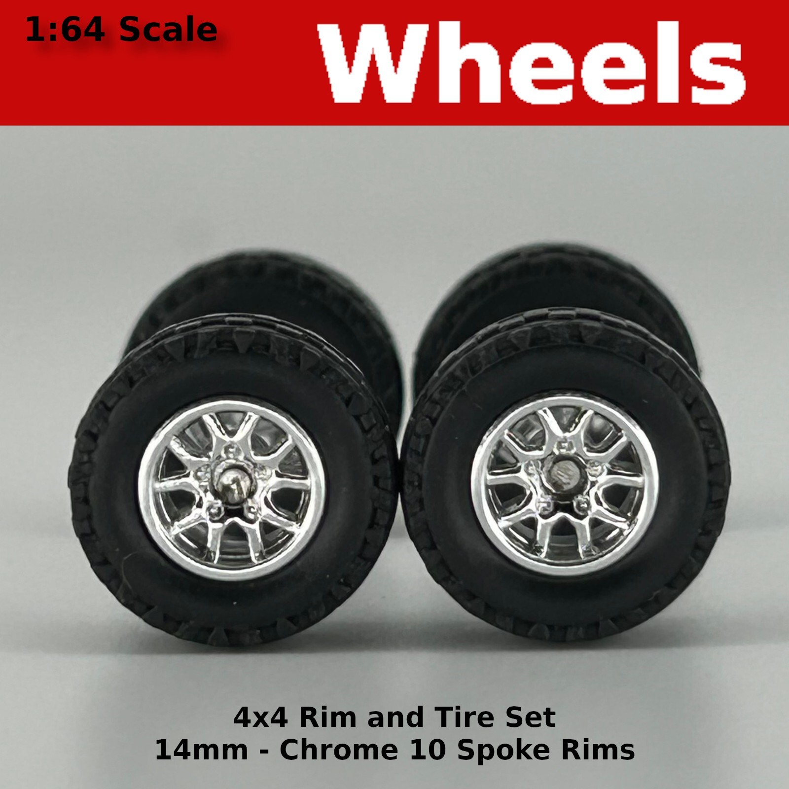 14mm 4×4 Truck Tire Sets – Chrome Blackwall 10 spoke for Hot Wheels