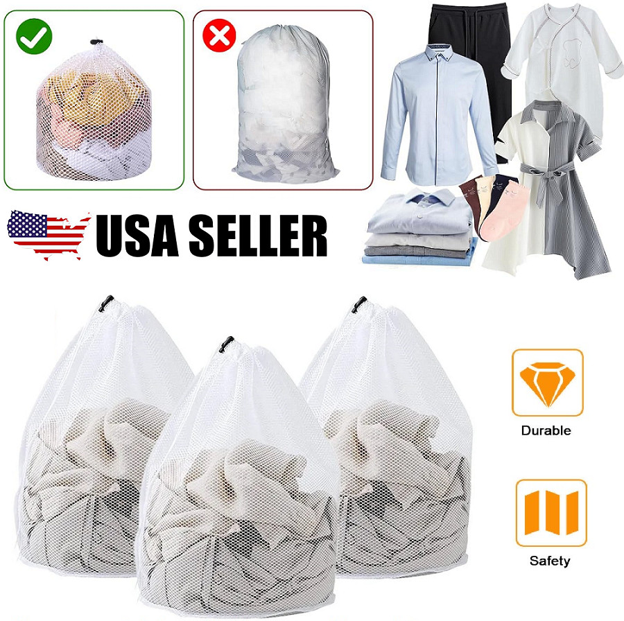 3×Heavy Duty Large Mesh Net Wash Clothes Laundry Bag With Drawstring Top Closure