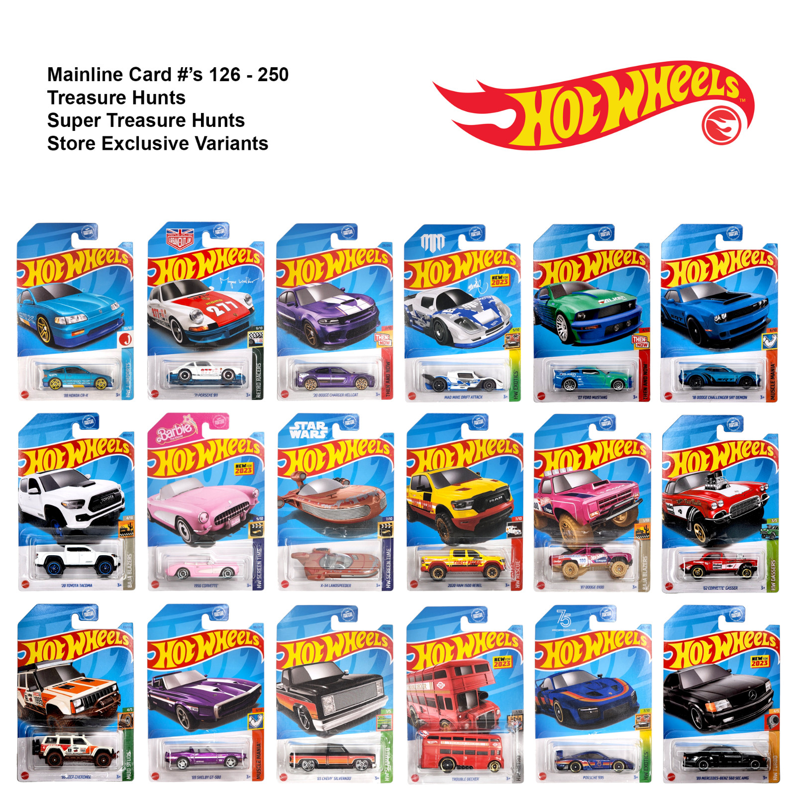 HOT WHEELS 2023 Mainline 126 – 250  1/64 Scale Long Card Basic Assortment